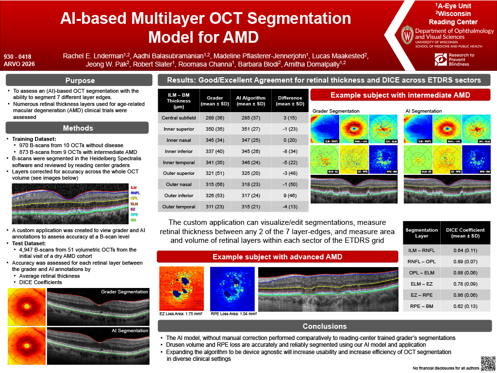 “AI-based Multilayer OCT Segmentation Model for AMD” presented at ARVO 2026 by Linderman, et al.