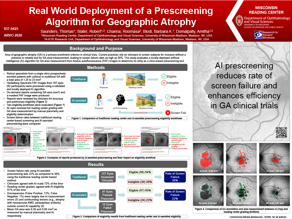 “Real World Deployment of a Prescreening Algorithm for Geographic Atrophy” presented at ARVO 2026 by Saunders, et al.